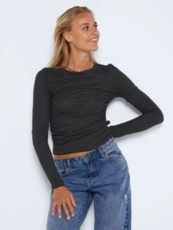 Noisy May LONG SLEEVED RUCHED TOP -Noisy May Clothing Shop 27021286 Black 003