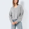 Noisy May V-NECK KNITTED PULLOVER -Noisy May Clothing Shop 27028814 MediumGreyMelange 007